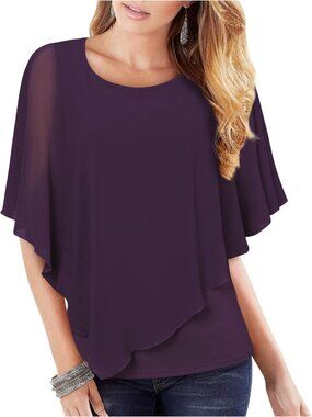 Women's Dark Violet Elegant Lightweight Flowy Shirt Double Layered Printed Top